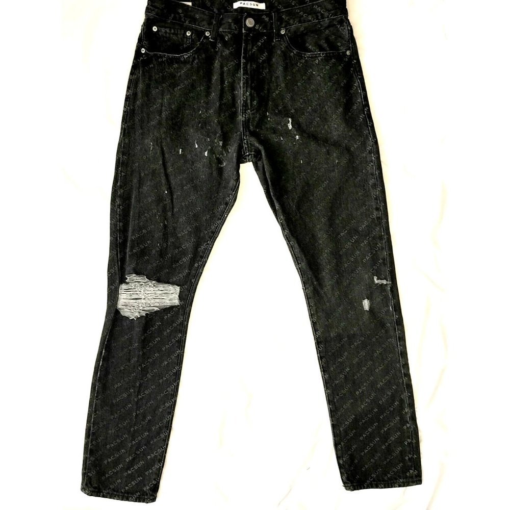 Pacsun Men's Slim Taper Monogram Jeans Black Distressed Denim 32X31